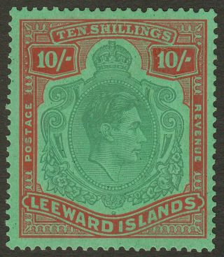 Leeward Islands 1945 Kgvi 10sh Green And Red Ordinary Paper Sg113b Cat £150