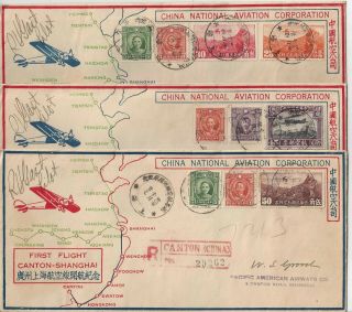 1937 3 Airmail Covers Ffc Canton Shanghai China - Pilot Signed With Insert & Map