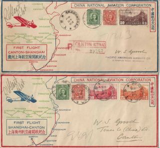 1937 3 Airmail Covers FFC Canton Shanghai China - Pilot Signed with Insert & Map 2