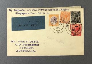 Imperial Airways Singapore - Darwin Experimental Flight Cover 1931 Gv Australia