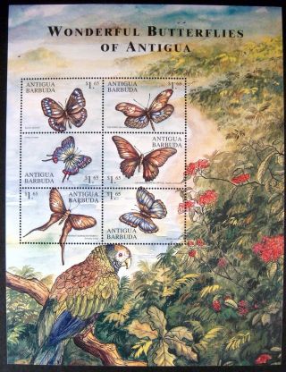 2000 Mnh Antigua & Barbuda Butterfly Stamps Sheet Butterflies Parrot Bird