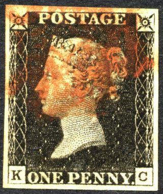 1840 1d Black Lettered Kc With Red Cancel And 4 Even Margins.  No Faults