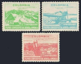 Colombia 524 - 526,  Hinged.  Mi 477 - 479.  Airmail Service,  25th Ann.  1945.  Views,  Seaplane