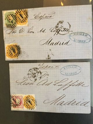 2 1860’s Portugal Folded Letter Covers Lisbon To Madrid Spain (post Convention)