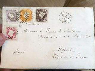 Rare 1864 Portugal Cover Lisbon To Madrid Spain (140 Reis Rate) 11