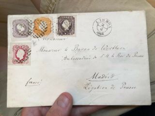 Rare 1864 Portugal Cover Lisbon To Madrid Spain (140 Reis Rate)