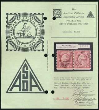 drbobstamps US Scott 491 Scarce Pair Stamps w/APS Cert SCV $3750 3