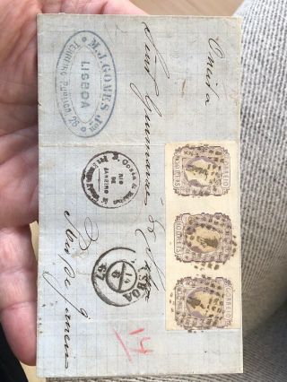 Rare 1867 Portugal Folded Letter Cover Lisbon To Rio De Janeiro Brazil 9
