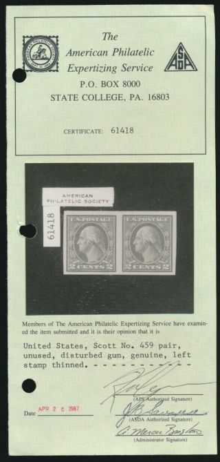 drbobstamps US Scott 459 H OG Pair Stamps w/APS Cert SCV $425 3