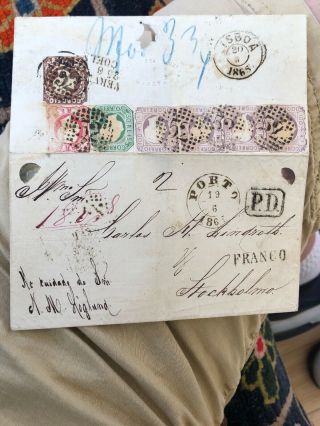 Wow Rare 1860’s Porto Portugal To Stockholm Sweden Postal Cover (480 Reis Rate)
