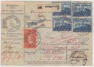 GERMANY DR 1923 (28.  7. ) CPL.  PARCEL CARD STUTTGART TO SWITZERLAND INCL.  15 x Mi 261 2