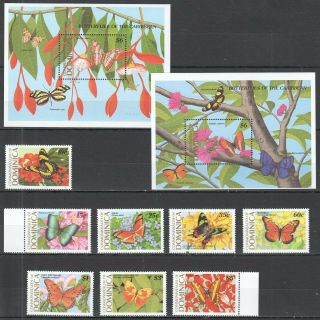 K1374 Dominica Butterflies Flora 1213 - 20 Michel 31 € 2bl,  1set Mnh Stamps