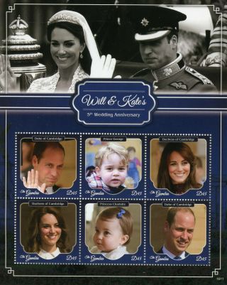 Gambia 2016 Mnh Prince William & Kate 5th Wedding Anniv 6v M/s Royalty Stamps