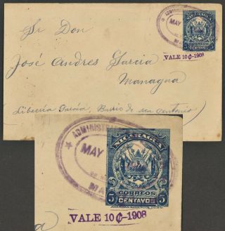 Nicaragua Postal Stationery Cover 1908 Revalued Higgins & Gage 71