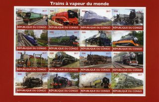 Congo 2017 Mnh Steam Trains Engines Of World 16v M/s Railways Rail Stamps