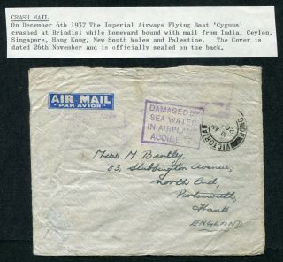 6.  12.  1937 Hong Kong Imperial Airline - Air Crash Cover (stamp Missing) To Gb Uk