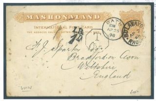 W499a 1898 Rhodesia Bulawayo Underpaid T/5c Charge Stationery Card Wilts Gb