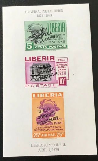 Liberia - 1949 75th Anniversary Upu Imperf Specimen Ms Of 3 Stamps,  Mnh