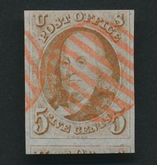 Us 1 1847 5c Franklin Red - Brown,  Sharp Red Grill Cancel Inc Portion Below Stamp