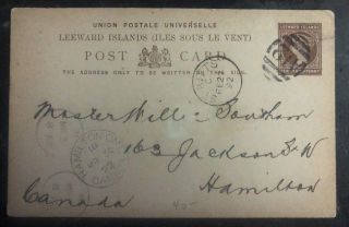 1892 St Kitts Leeward Island Postal Stationary Postcard Cover To Hamilton Canada