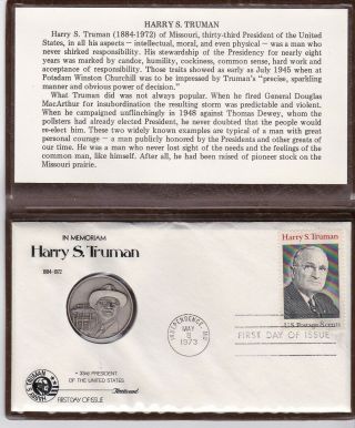 Harry Truman Fleetwood Medalist First Day Cover And Medal 1973 In Folder