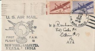 US 1947 PAN AM FAM 18 FIRST FLIGHT FLOWN COVER YORK NY TO CALCUTTA INDIA 2
