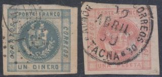 Peru 1858 Sc 7 - 8 Full Set By " Lima 1 - 2 " & " Tacna " 19 Abril 59 Cds Scv$110