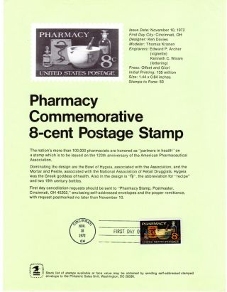 Usa 1473 Pharmacy - First Day Of Issue Souvenir Page By The Usps