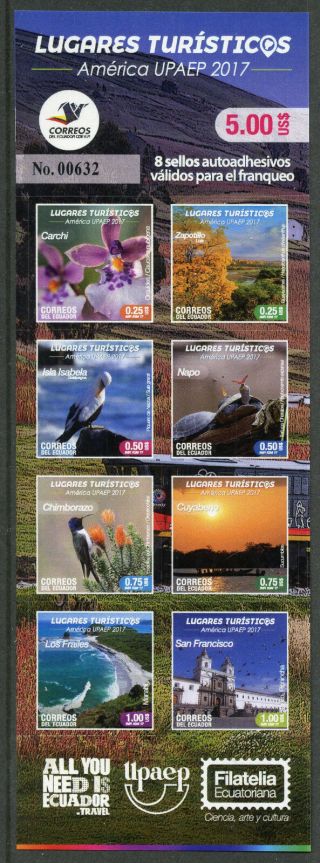 Ecuador 2017 Mnh Upaep Tourism 8v S/a Booklet,  5v Strip Birds Flowers Stamps