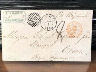 Rare 1866 Portugal Postal Cover Faro To Oran Algeria
