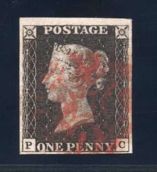 Qv 1840 Penny Black Sg 2 Plate 9 (p C) 4 Margin With Red Maltese Cross Pmk.