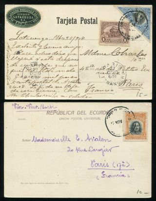 (se145) Ecuador 2x Old Postcards Vf Tarjeta Postal To Paris