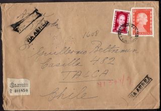 Argentina To Chile Registered Air Mail Cover 1953 Buenos Aires - Talca