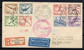 Germany Zeppelin Reg Cover To York Us 1936 Compl.  Olympic Set Mi 609 - 616