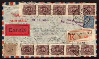 1946 Express,  Registered China Cover To Us W/ 12 Stamps,  Interesting Cancels