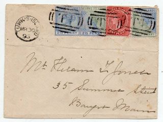 1895 Turks Islands To Usa Cover,  4 Diagonal Bisected Stamps,  Rarity