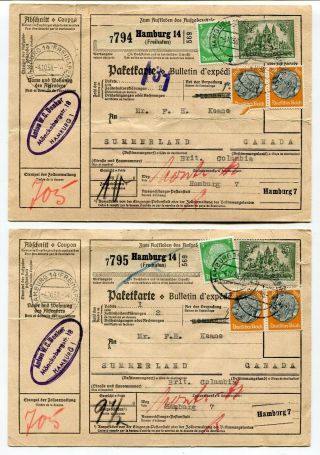 Germany 1938 Parcel / Packet Cards - Two To Bc Canada - Great Stamps -