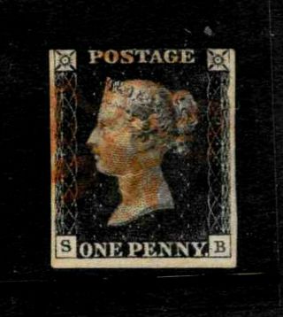 Gb Qv 1840 Sg2 1d Penny Black Plate 5 Sb With Red Mx