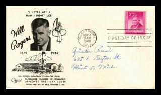 Dr Jim Stamps Us Will Rogers Memorial First Day Cover Scott 975 Enclosure