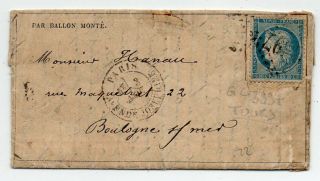 1870 France Ballon Monte Cover To Boulogne Sur Mer,  Newspaper,  Wow
