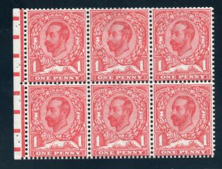 Kgv 1912 Sg 336a Booklet Pane Of 6 With Selvage 1d Scarlet (1 Stamp Mm 5 Umm)