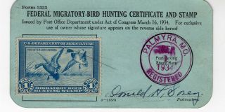 Rw1 1935 Duck Stamp On Registered Federal Hunting Certificate.  Palmyra,  Mo.  Xf