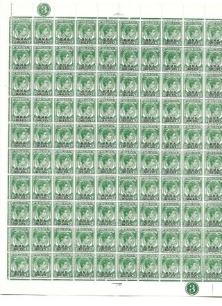 1945 Malaya (british Military Administration) 3c Green Sheet Of 100 Pristine