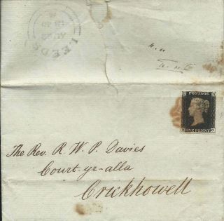 Gb 1840 1d Black 4 Margins Entire With Leeds Red Maltese Cross To Crickhowell