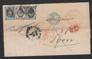 Russia 1866 Cover Moscow To Lyon With Mute Cancels,  Moscow - Spb Train,  Lyon Cd 