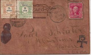 1906 Usa Shield Stamp Cover To Macau China Postage Due Leather Postcard