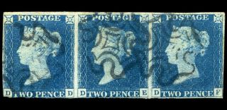 Gb Qv Sg5 1840 2d Blue Dd - Df Pl 1 Strip Of 3 Fine Black Mx Proschold Cert