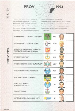 South Africa 1994 Ballot Paper 18 Copies