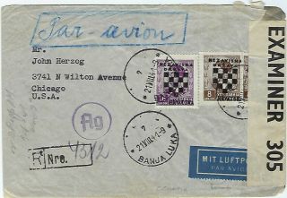 Croatia 1941 Reg Airmail Cover To Chicago,  Civil German And Bermuda Censors