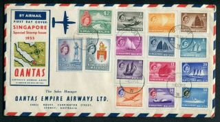 04.  09.  1955 Singapore Gb Qeii Definitives Complete Set On Qantas Fdc To Australia